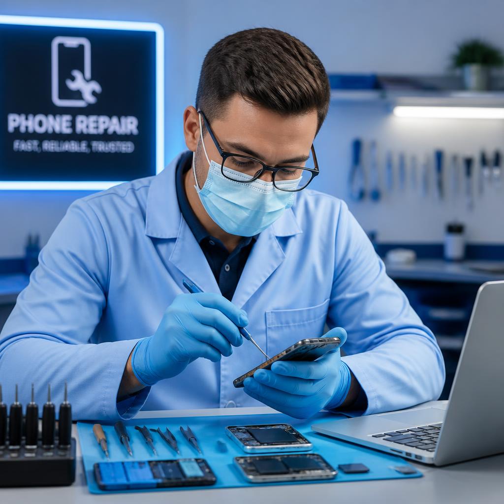 Técnico consertando smartphone em bancada profissional